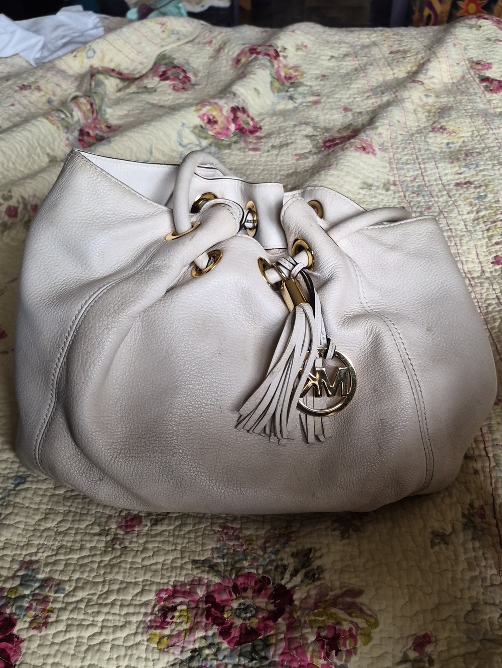 Michael Kors Off-White Leather Drawstring Hobo with Tassel
